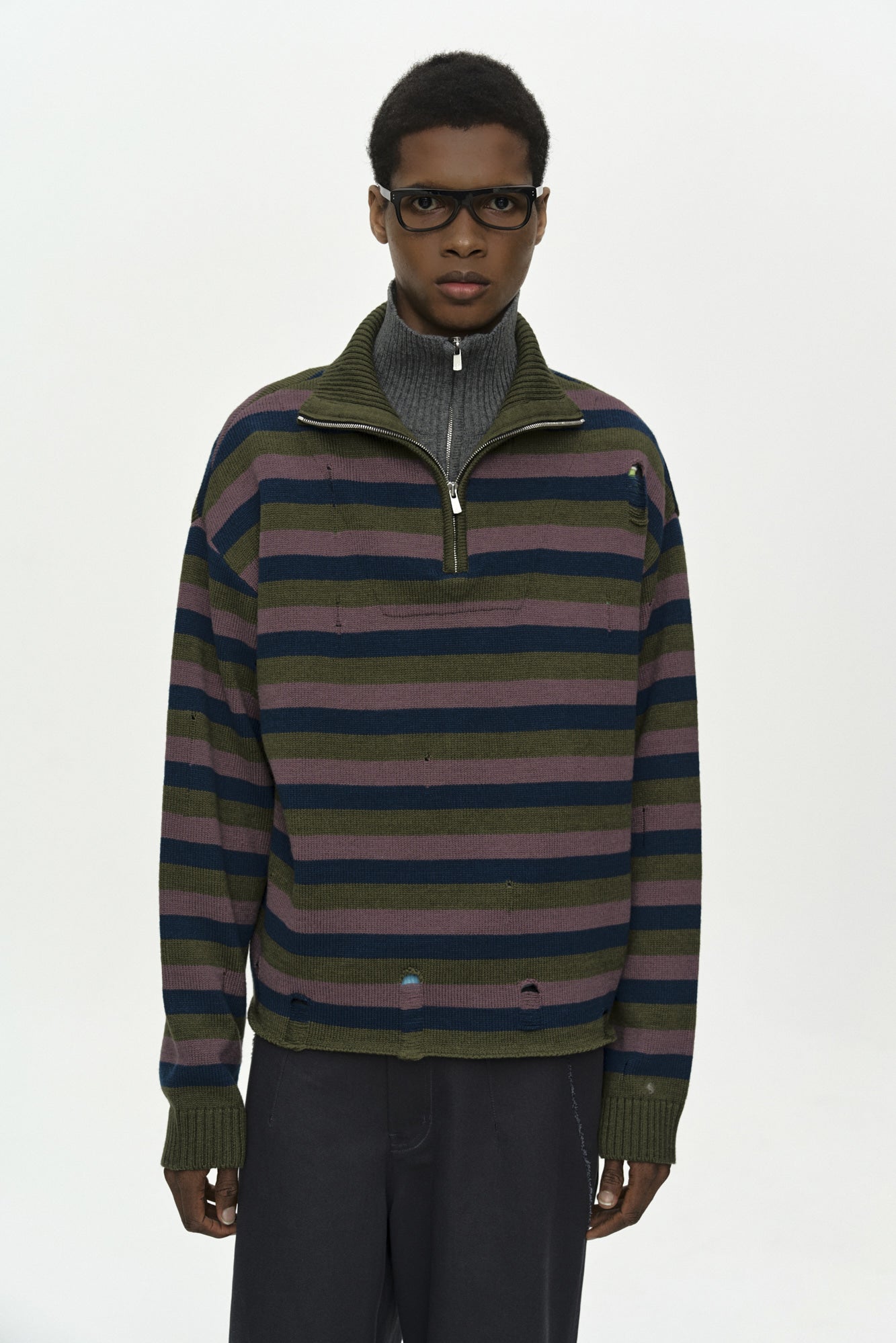 Andersson Bell - Double Layered Stripe Half Zip-Up Sweater (Blue/Grey) product image 4 | TRAB K-Fashion Australia