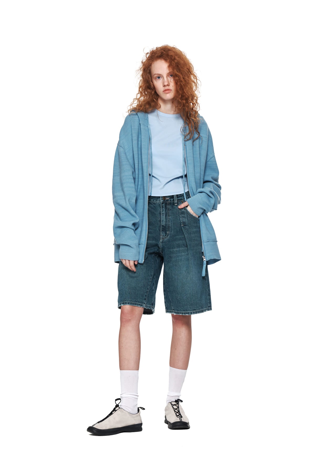 Matin Kim - Ribbed Knit Hoody Zip Up (Sky) product image 9 | TRAB K-Fashion Australia