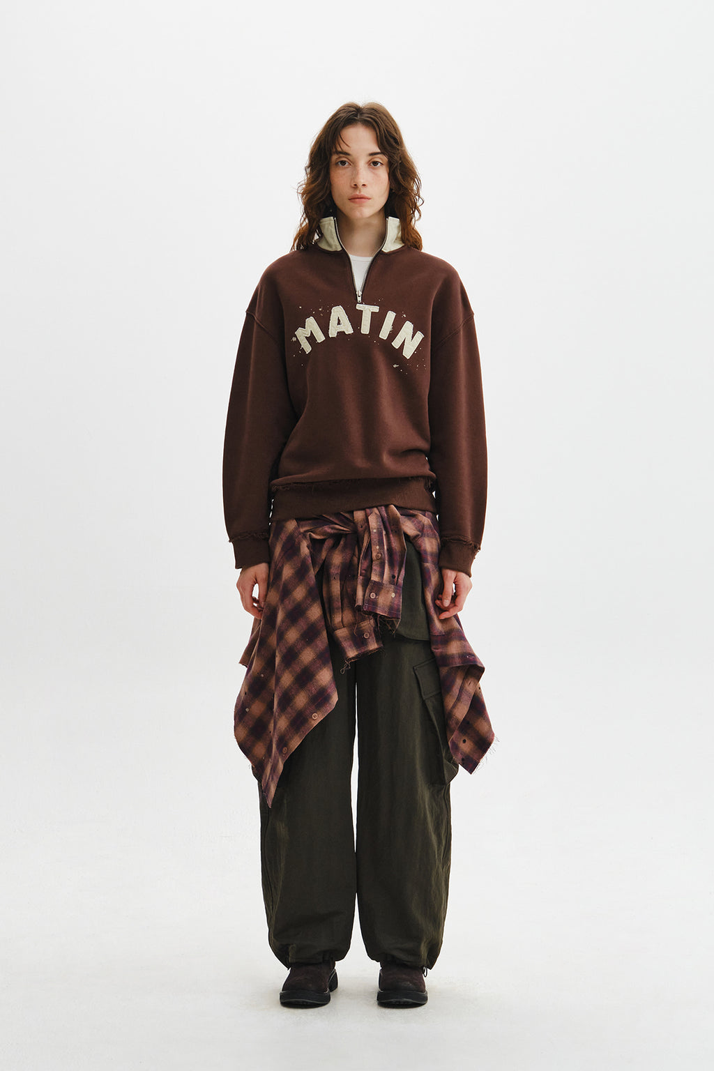 Matin Kim - Applique Logo Collar Quarter Zip Up (Brown) product image 9 | TRAB K-Fashion Australia