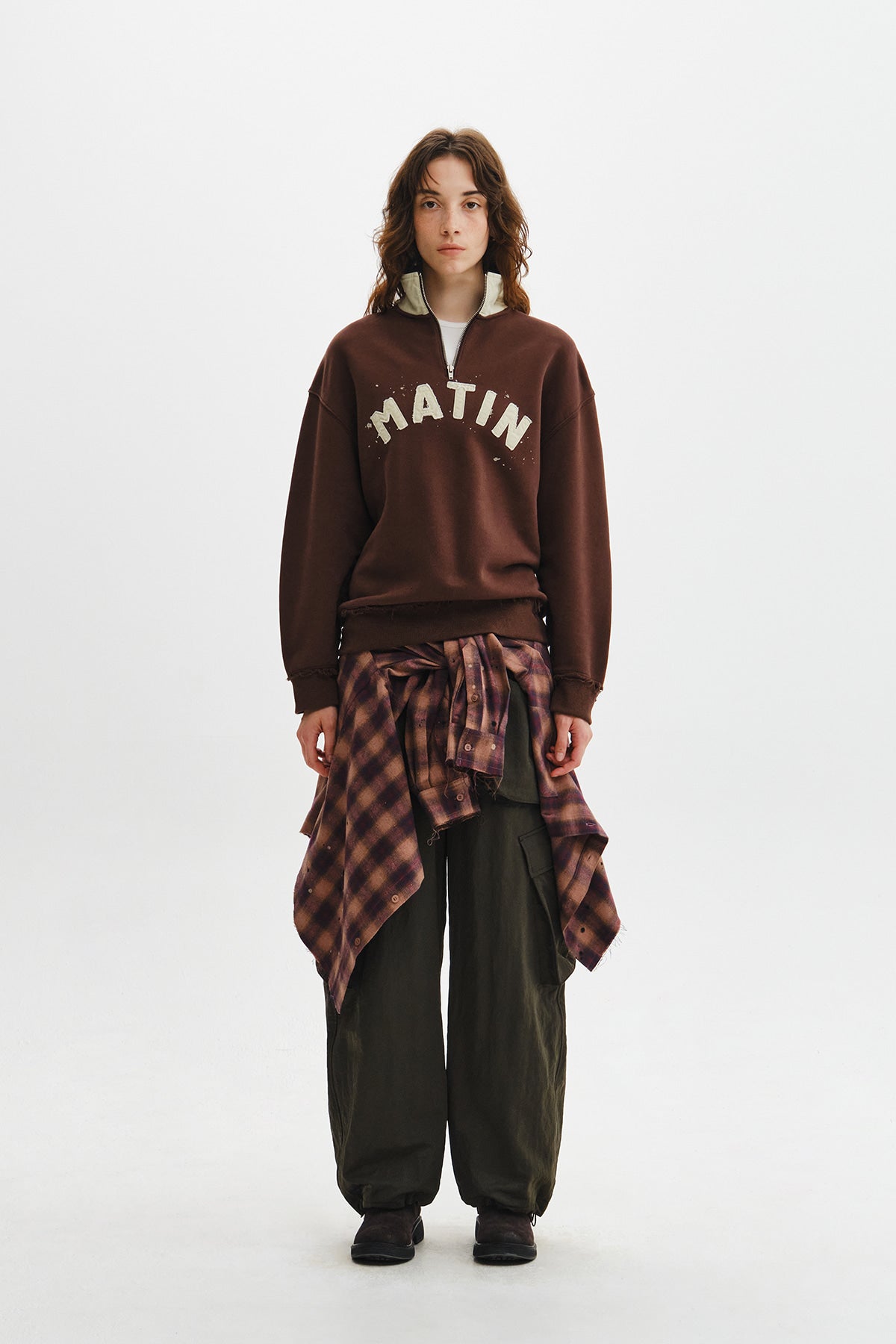 Matin Kim - Applique Logo Collar Quarter Zip Up (Brown) product image 9 | TRAB K-Fashion Australia