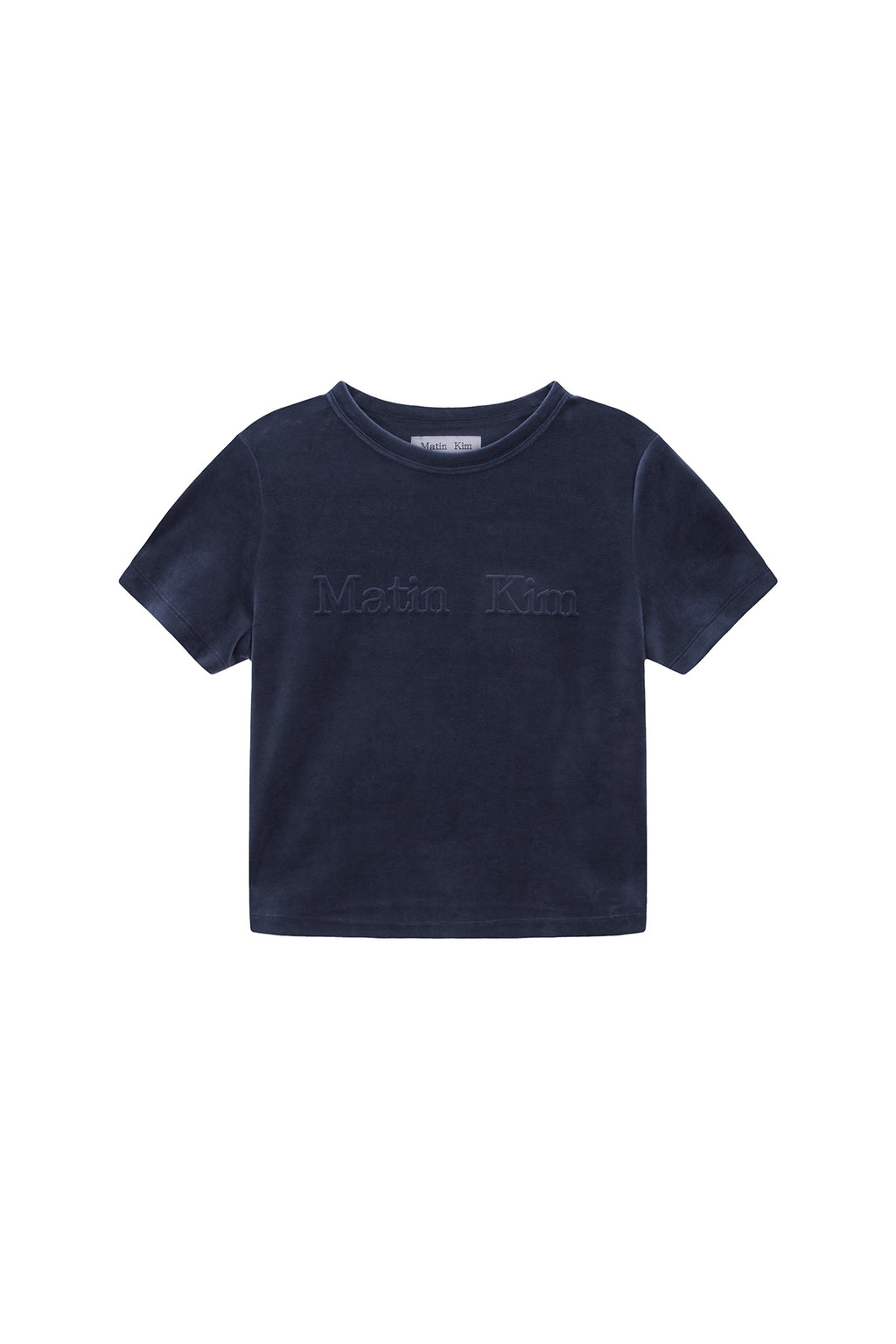 Matin Kim - Logo Emboss Velvet Crop Top (Smoke Blue) product image 1 | TRAB K-Fashion Australia