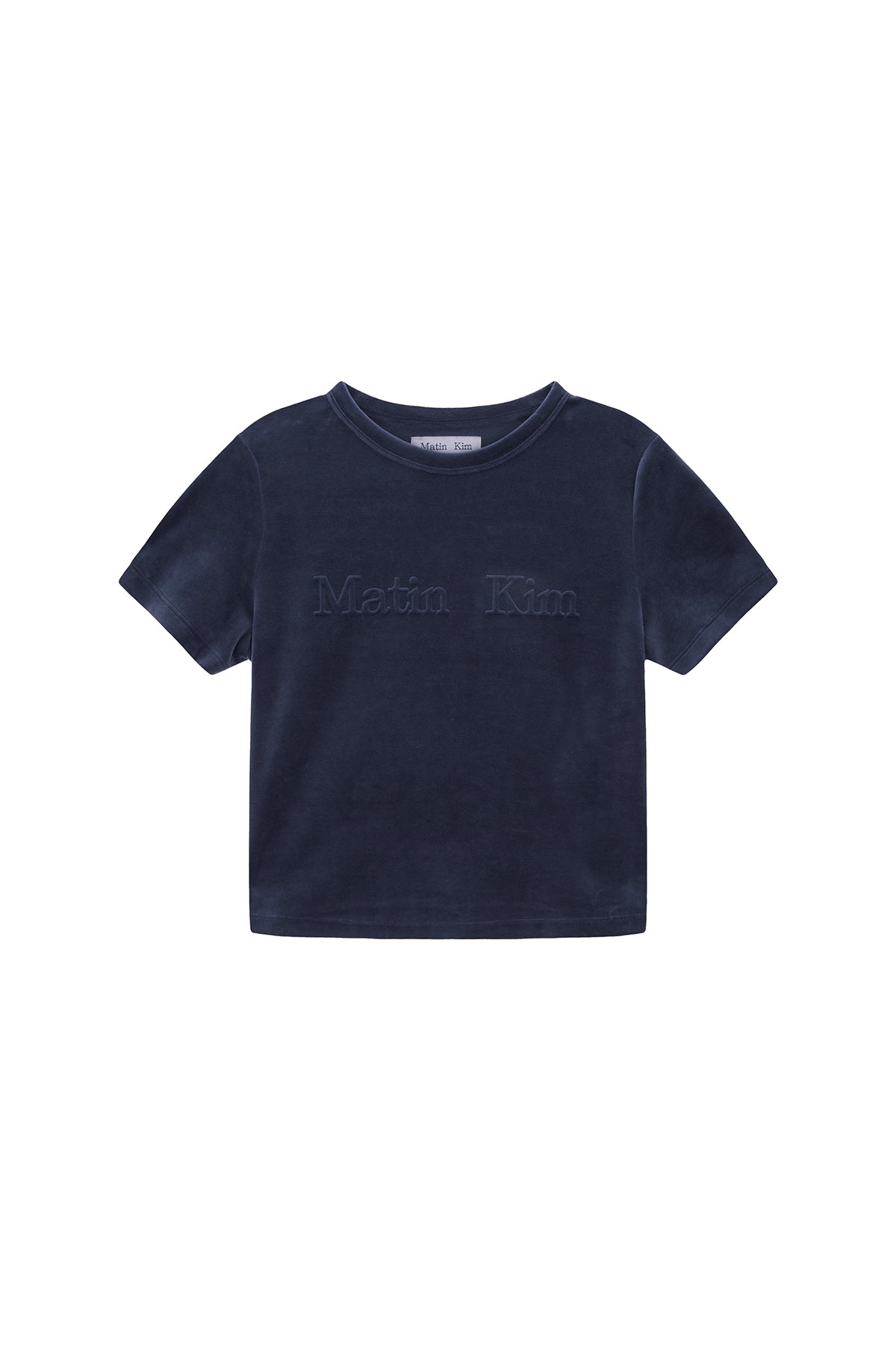 Matin Kim - Logo Emboss Velvet Crop Top (Smoke Blue) product image 1 | TRAB K-Fashion Australia