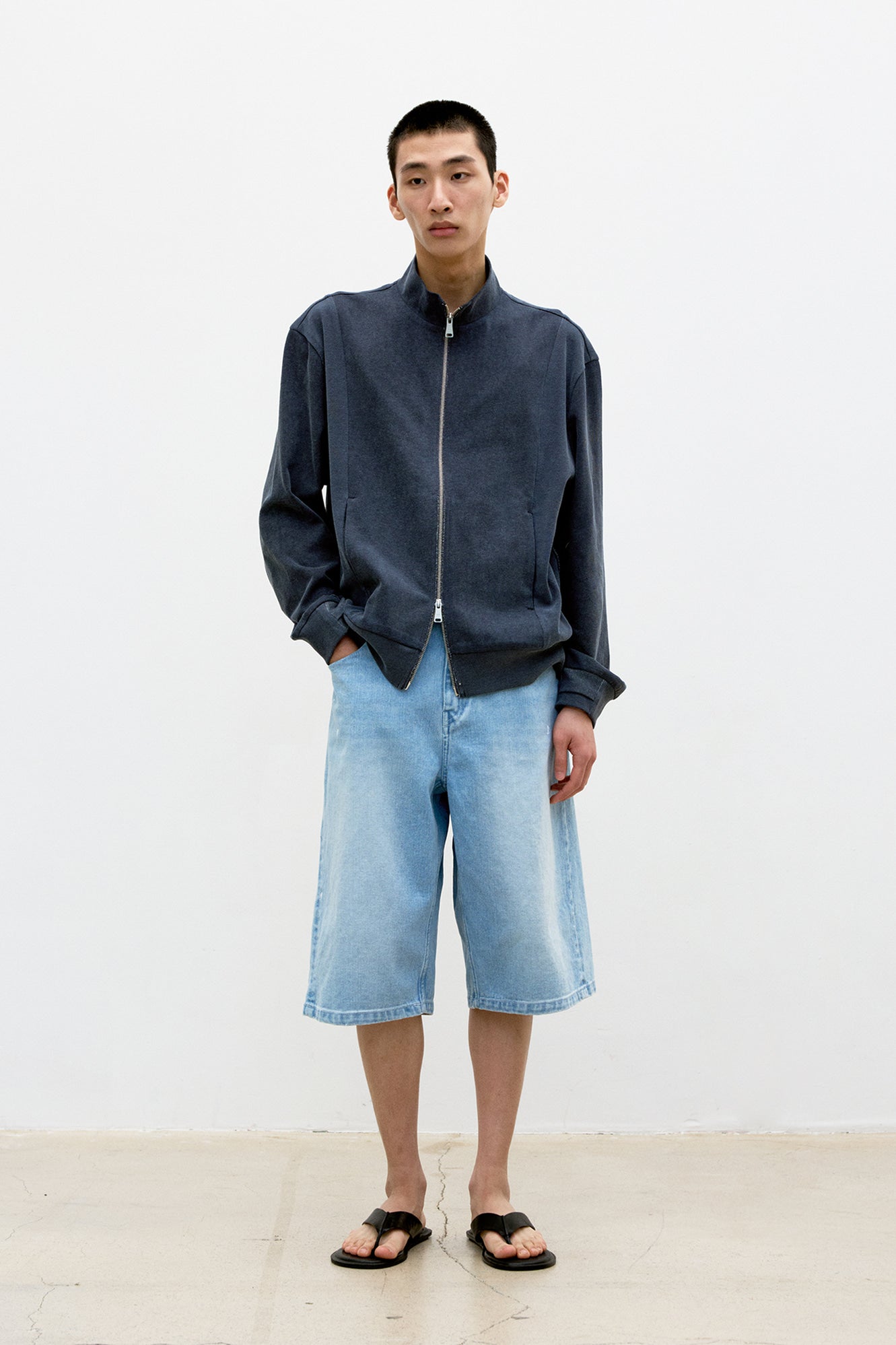 Coor - Washed Cotton Stand Collar Mixed Zip-Up (Washed Charcoal Gray) product image 2 | TRAB K-Fashion Australia