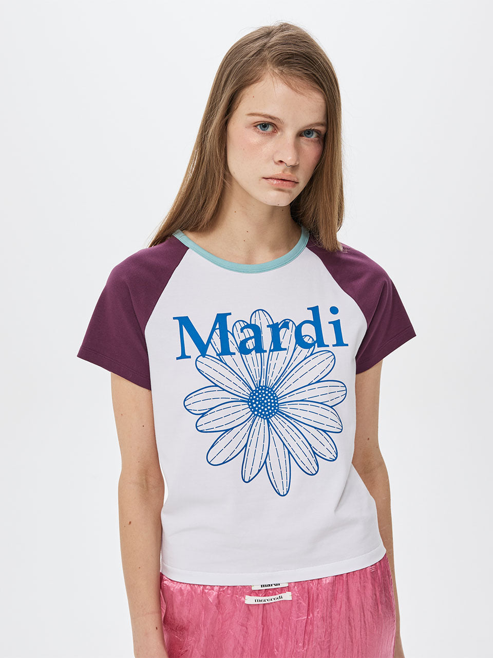 Mardi Mercredi - Slim Tshirt Raglan Flowermardi (White Blue) product image 1 | TRAB K-Fashion Australia
