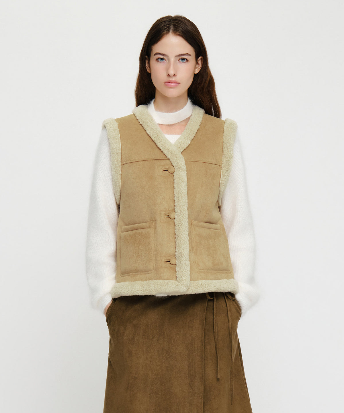 Marithe & Francois Girbaud - V-neck Shearling Vest (Beige) product image 1 | TRAB K-Fashion Australia
