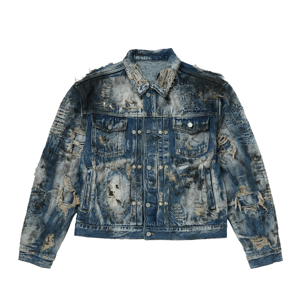 Thug Club - Hard-Washed Damaged Denim Jacket (Blue) product image 1 | TRAB K-Fashion Australia