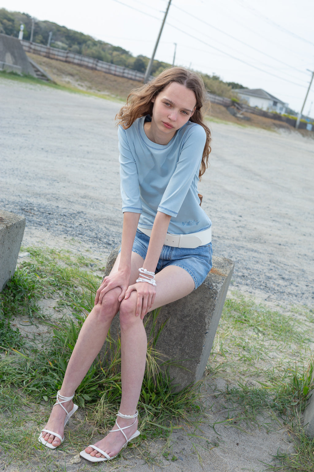 Matin Kim - Three Quarter Logo Slim Top (Light Blue) product image 10 | TRAB K-Fashion Australia