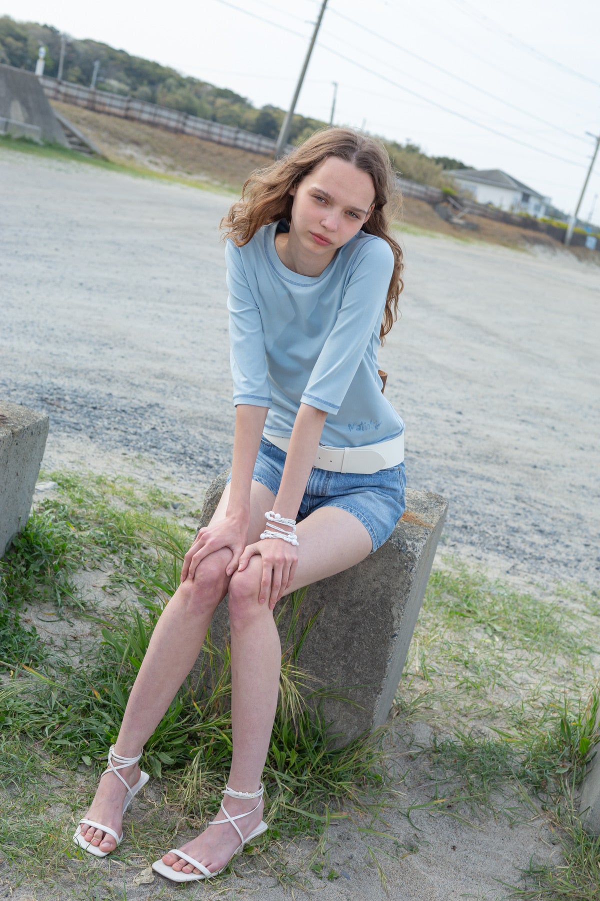 Matin Kim - Three Quarter Logo Slim Top (Light Blue) product image 10 | TRAB K-Fashion Australia