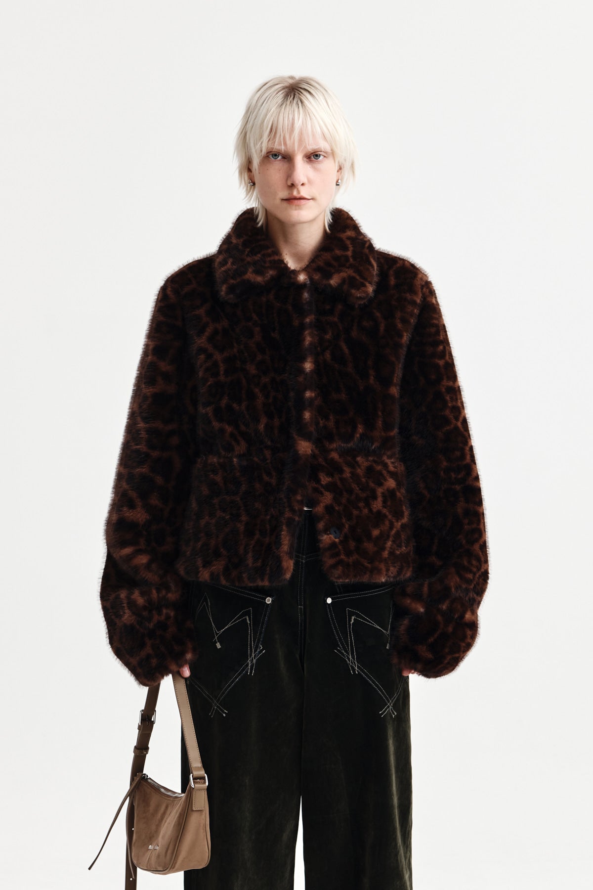Matin Kim - Leopard Fur Crop Jacket (Brown) product image 1 | TRAB K-Fashion Australia