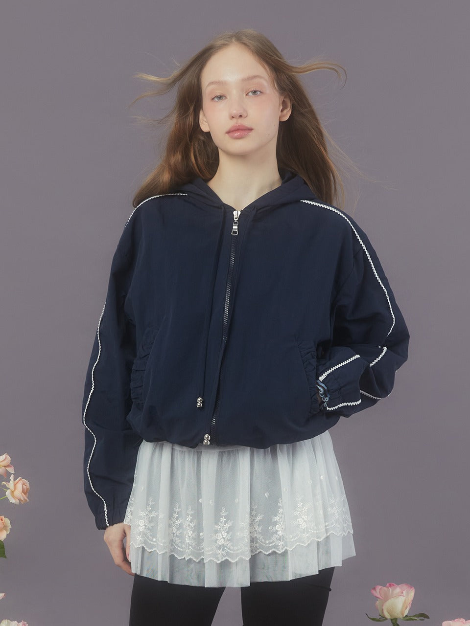 Margarin Fingers - Lace Hoodie Anorak (Dark Navy) product image 1 | TRAB K-Fashion Australia