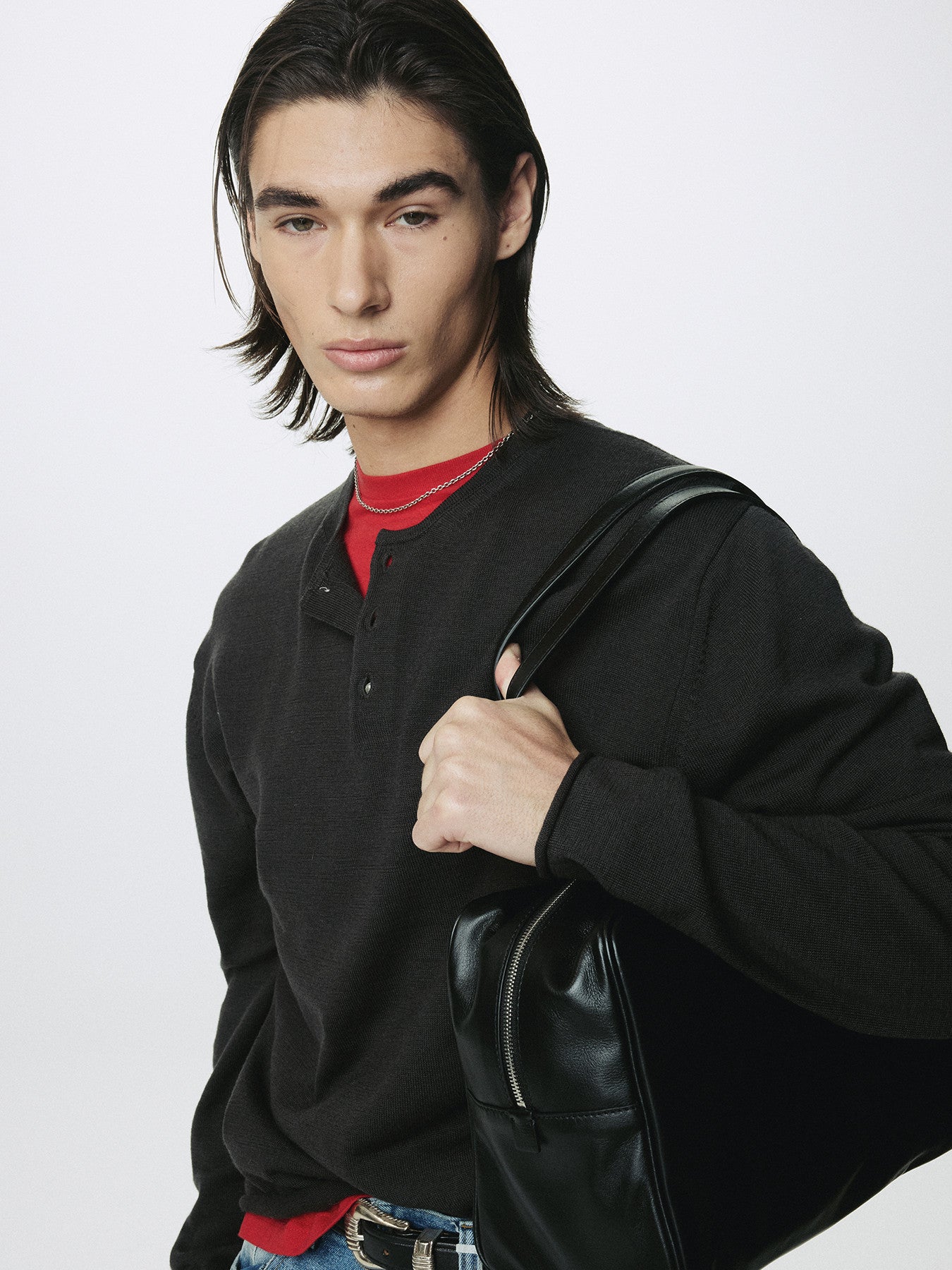 Tonywack - Extra Fine Wool Raw Hem Henley Neck Knit (Anthracite) product image 7 | TRAB K-Fashion Australia