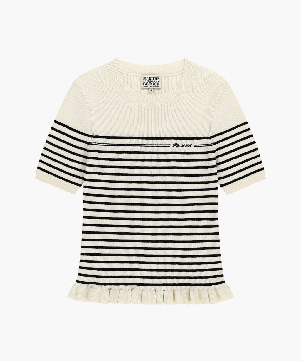 Marithe & Francois Girbaud - Ruffle Point Stripe Half Knit Pullover (Beige) product image 6 | TRAB K-Fashion Australia