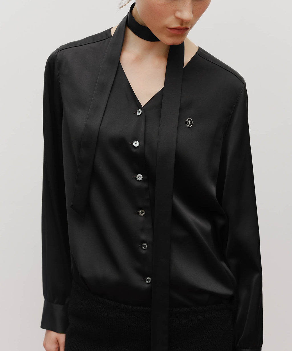 Marithe & Francois Girbaud - V-neck Tie Blouse (Black) product image 6 | TRAB K-Fashion Australia