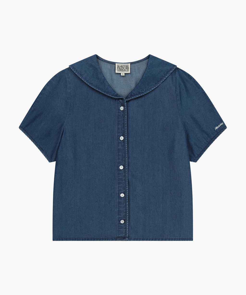 Marithe & Francois Girbaud - Sailor Collar Short Sleeve Chambray Shirt (Dark Blue) product image 6 | TRAB K-Fashion Australia