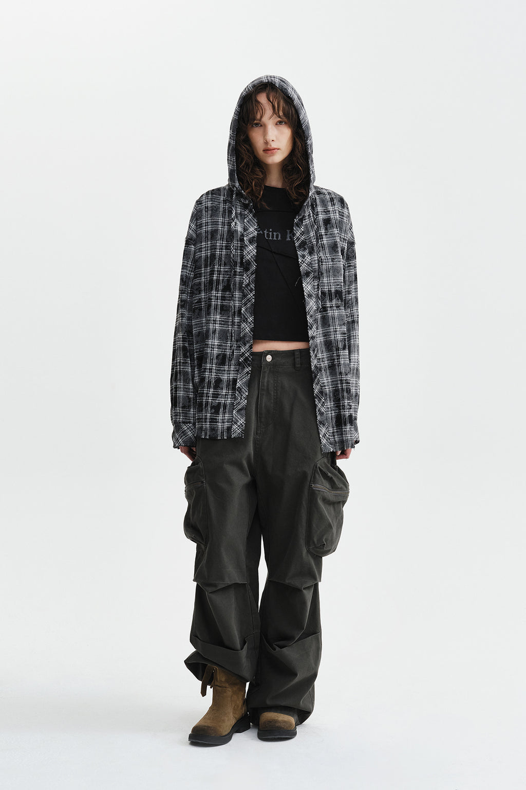 Matin Kim - Raw Cut Check Hooded Shirt (Black) product image 10 | TRAB K-Fashion Australia