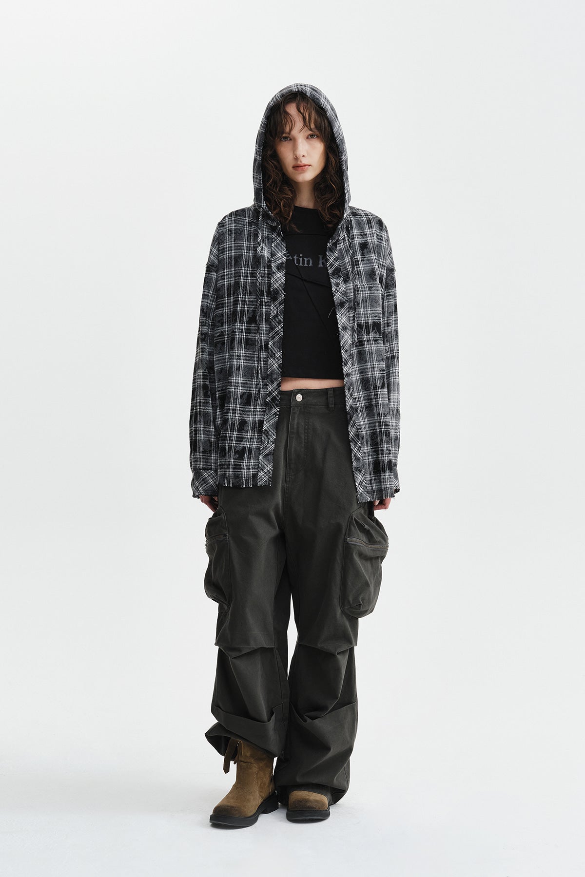 Matin Kim - Raw Cut Check Hooded Shirt (Black) product image 10 | TRAB K-Fashion Australia