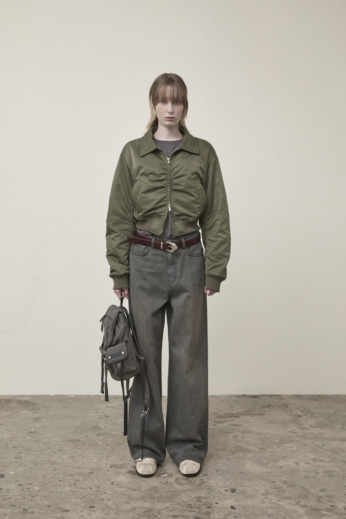 Matin Kim - Applique Logo Shirring Bomber Jumper (Khaki) product image 11 | TRAB K-Fashion Australia