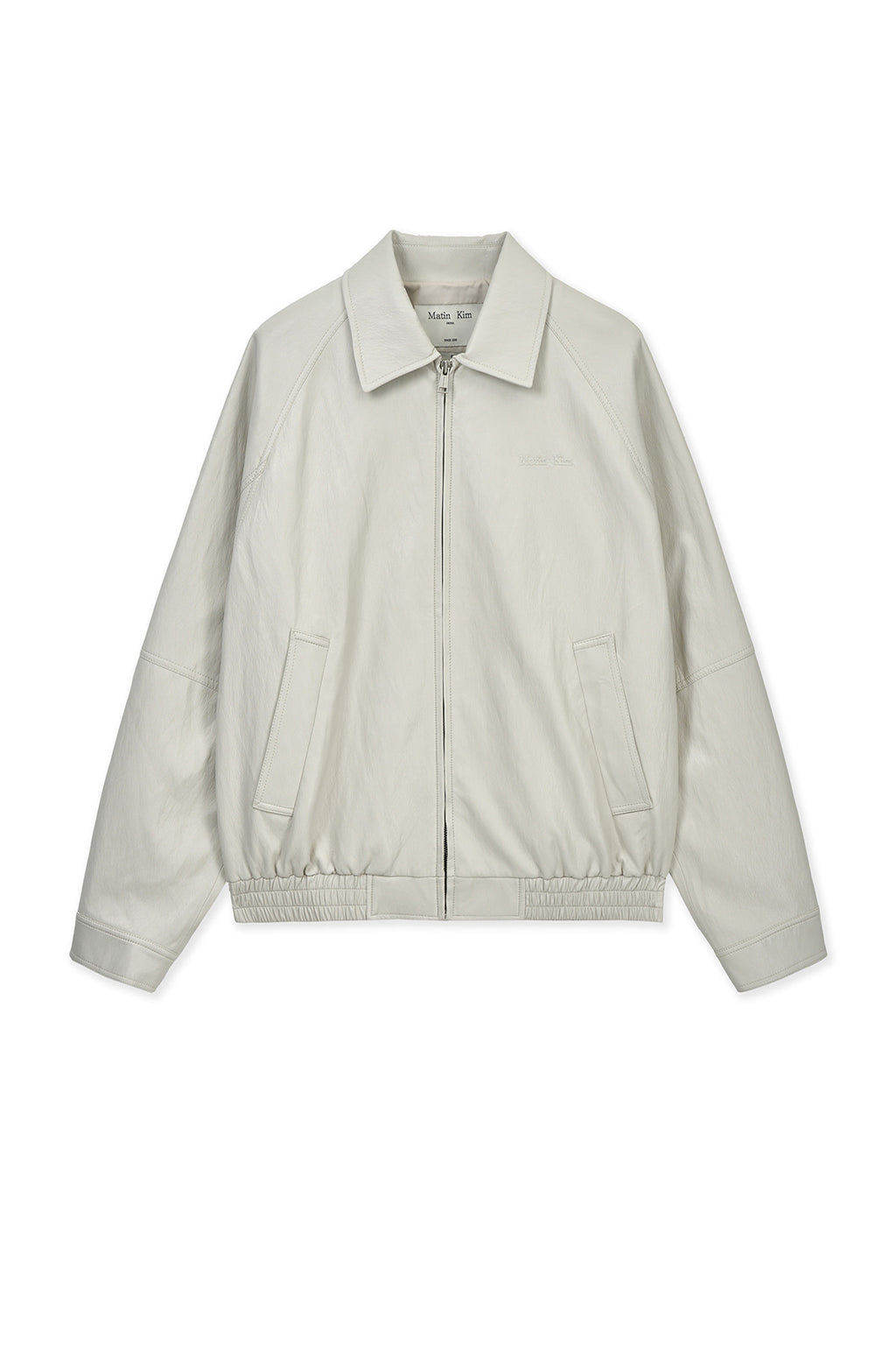 Matin Kim - Small Logo Faux Leather Zip Up Jumper (Light Grey) product image 1 | TRAB K-Fashion Australia