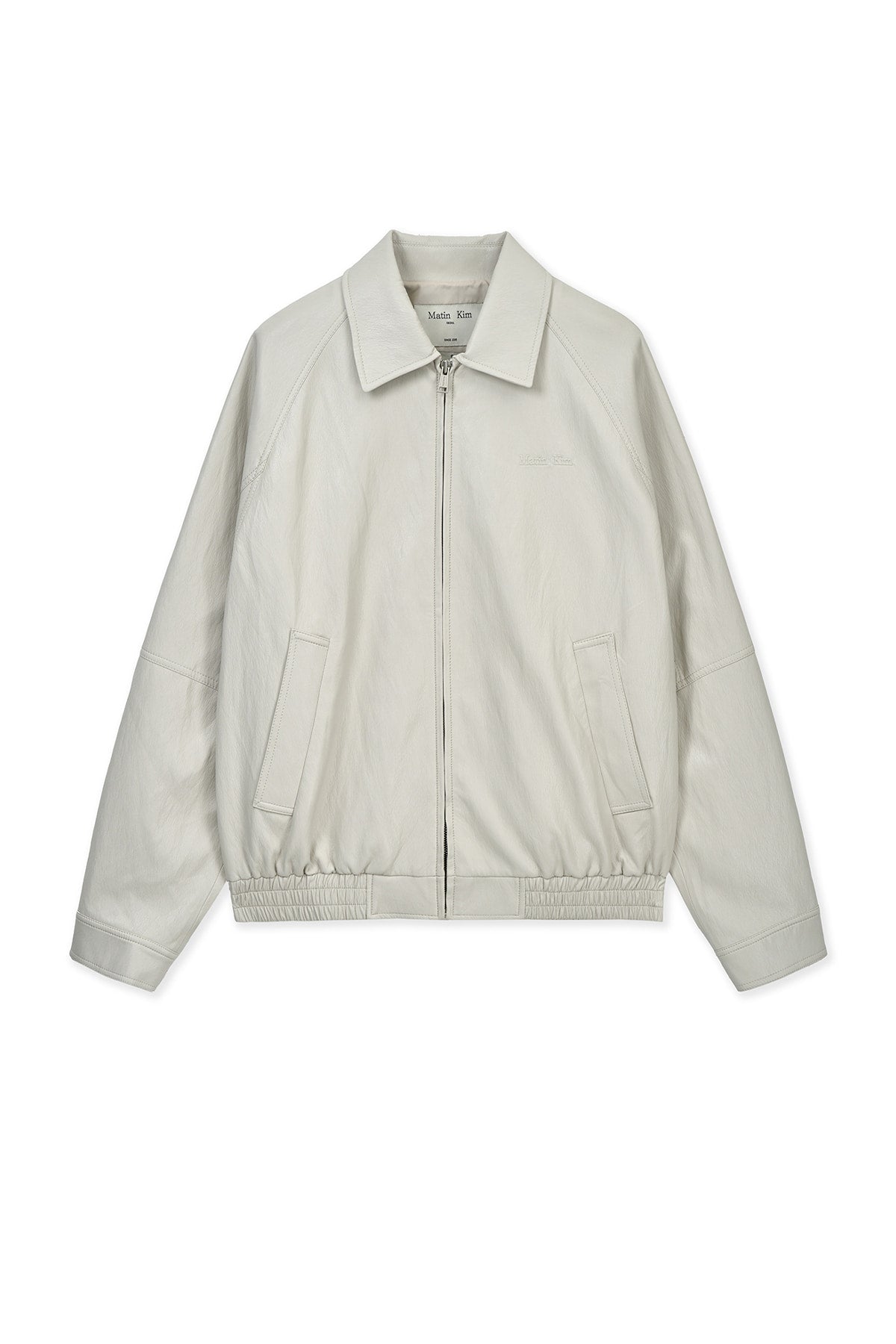 Matin Kim - Small Logo Faux Leather Zip Up Jumper (Light Grey) product image 1 | TRAB K-Fashion Australia