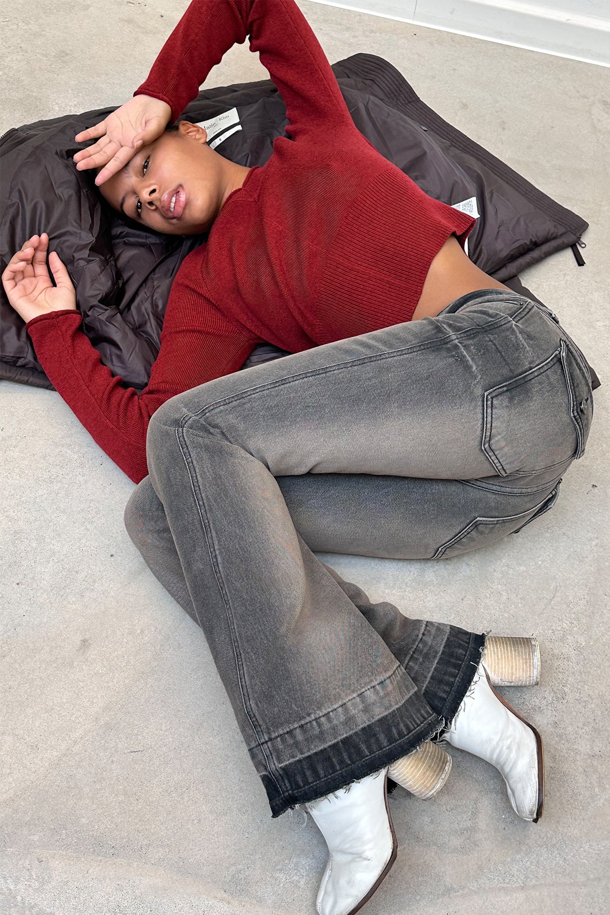 Matin Kim - Back Pocket Point Washed Boots Cut Denim Pants (Grey) product image 7 | TRAB K-Fashion Australia