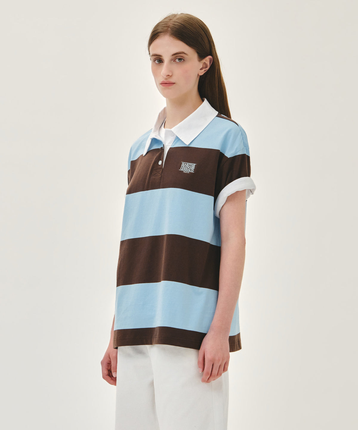 Marithe & Francois Girbaud - Small Classic Logo Rugby Stripe Oversized Collar Tee (Sky Blue) product image 2 | TRAB K-Fashion Australia