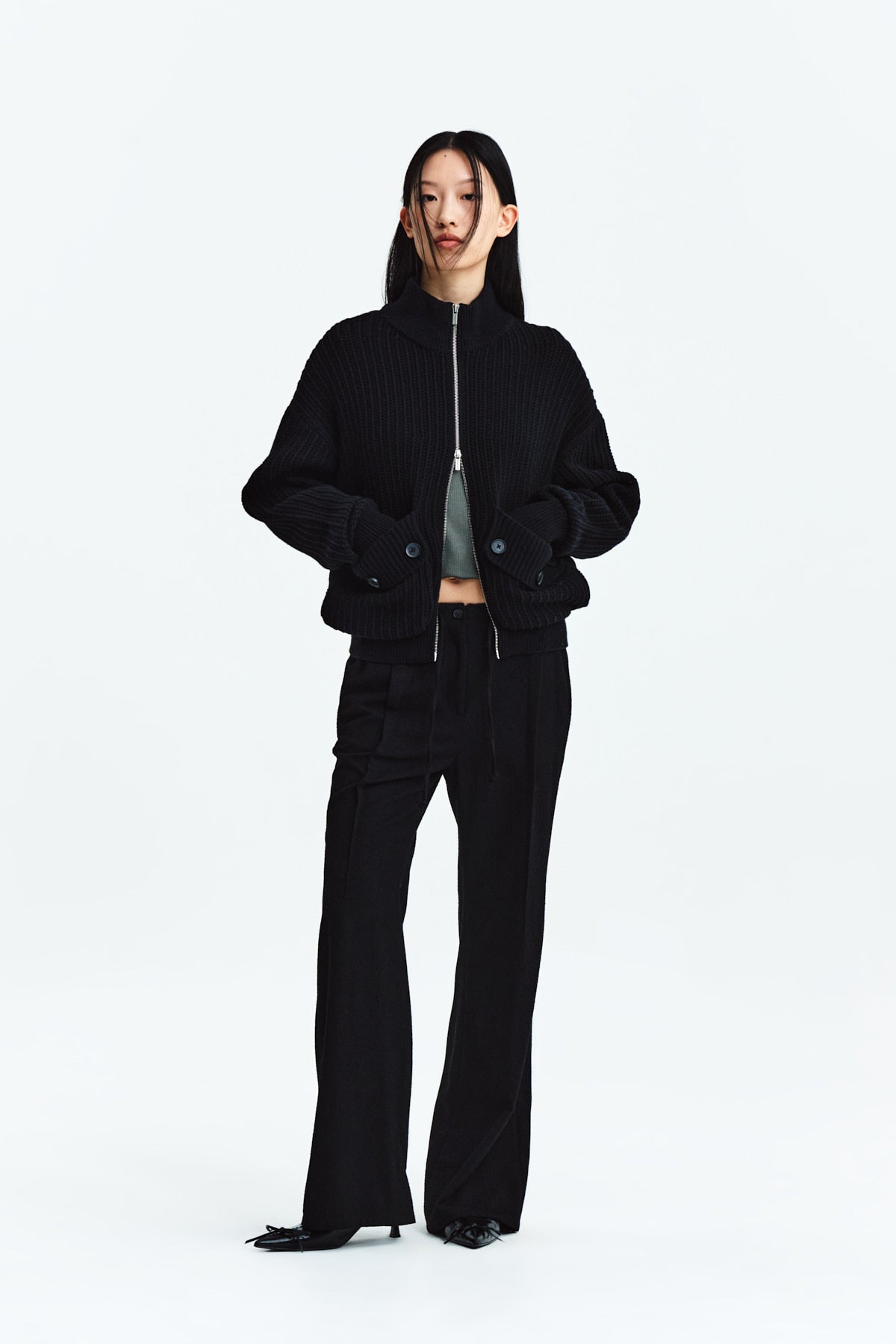 Matin Kim - Waist Button Point String Slim Pants (Black) product image 9 | TRAB K-Fashion Australia