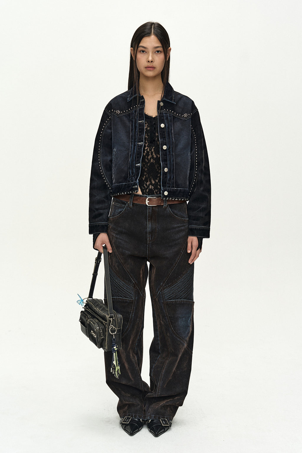 Andersson Bell - [Pre-Order – Ships August 28] Studded Velvet Denim Jacket (black/navy) (Black/Navy) product image 2 | TRAB K-Fashion Australia