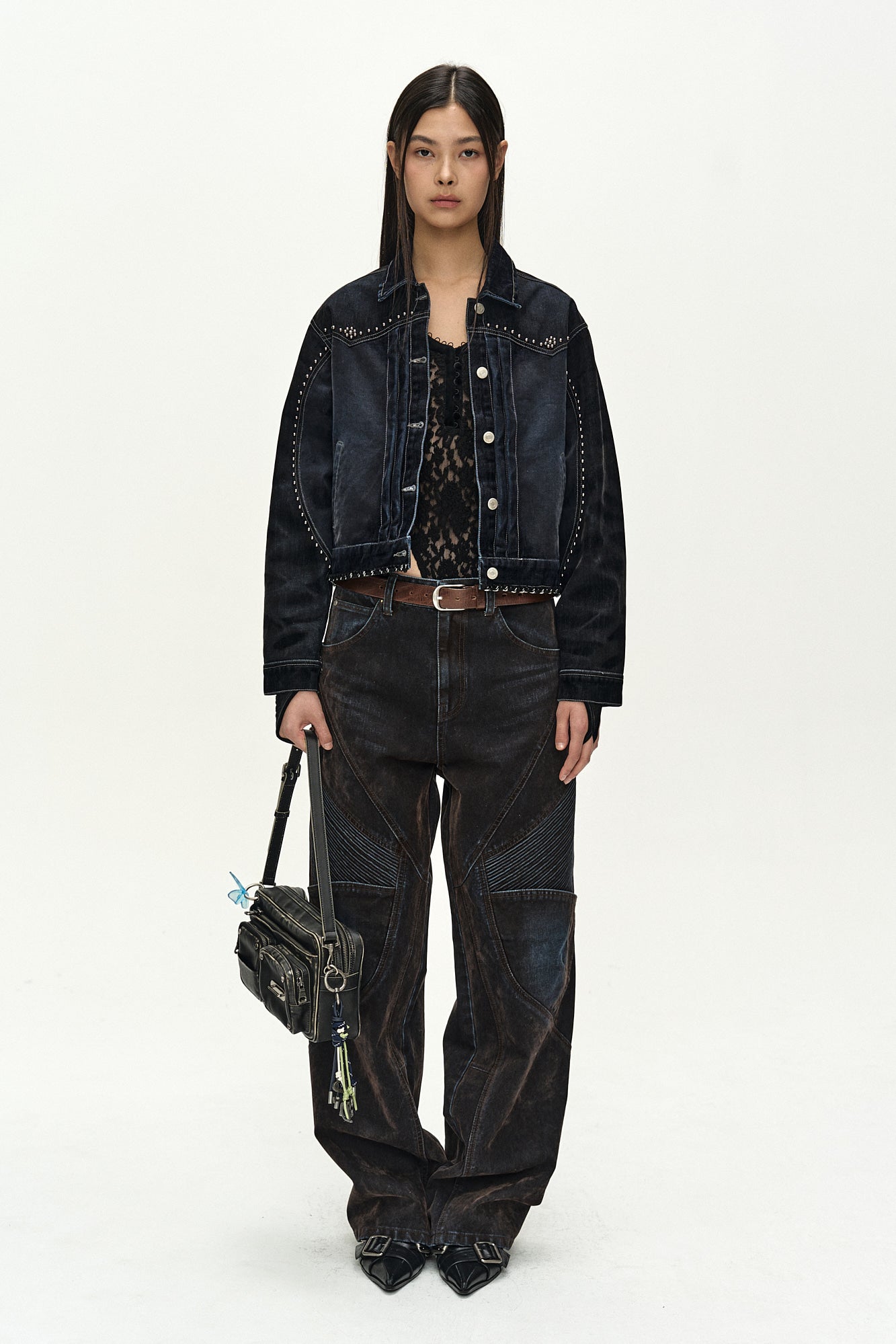 Andersson Bell - [Pre-Order – Ships August 28] Studded Velvet Denim Jacket (black/navy) (Black/Navy) product image 2 | TRAB K-Fashion Australia