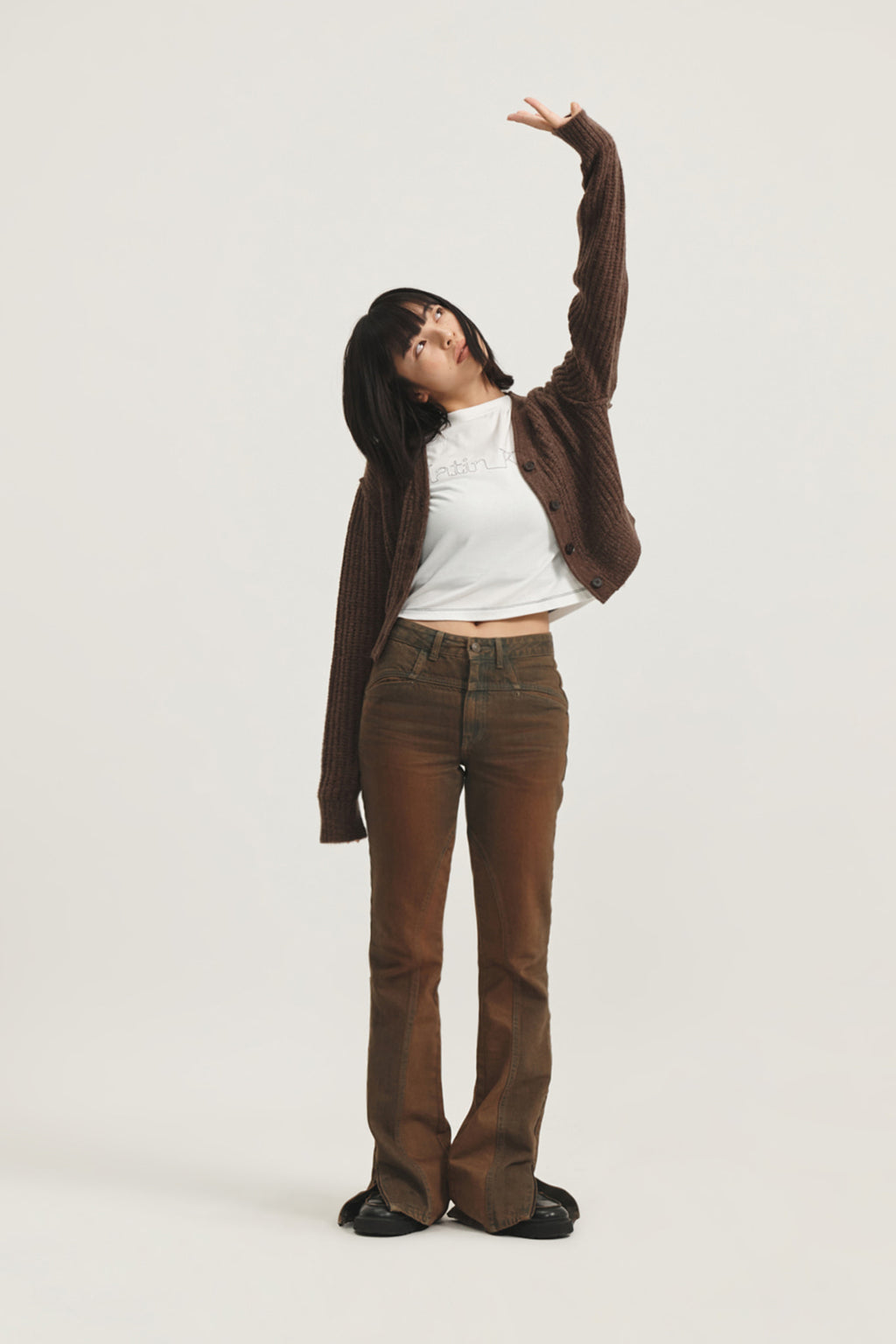 Matin Kim - Peaches Zipper Detail Boots Cut Denim Pants (Brown) product image 10 | TRAB K-Fashion Australia