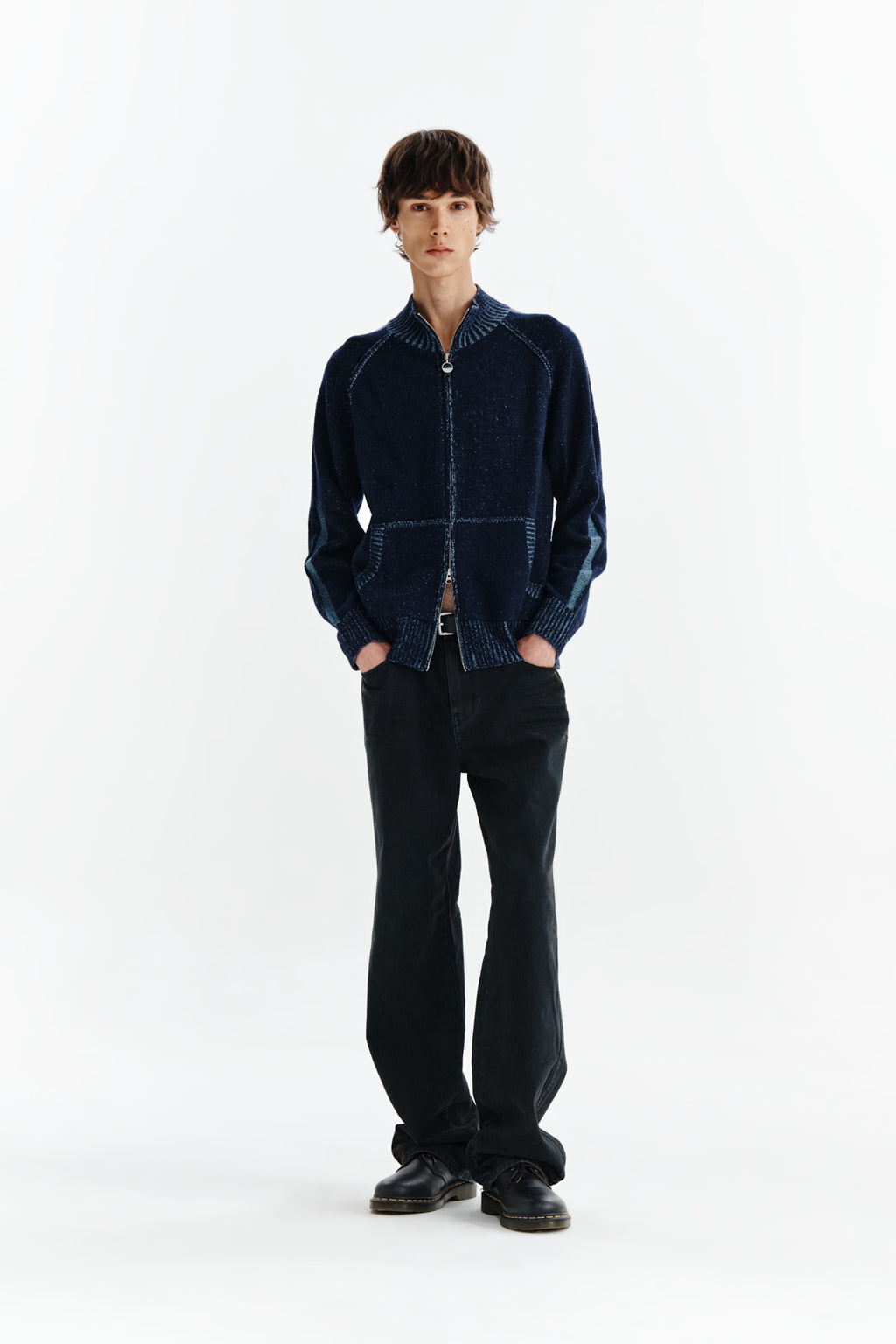 Matin Kim - Two Tone Mixed Knit Zip Up (Navy) product image 8 | TRAB K-Fashion Australia