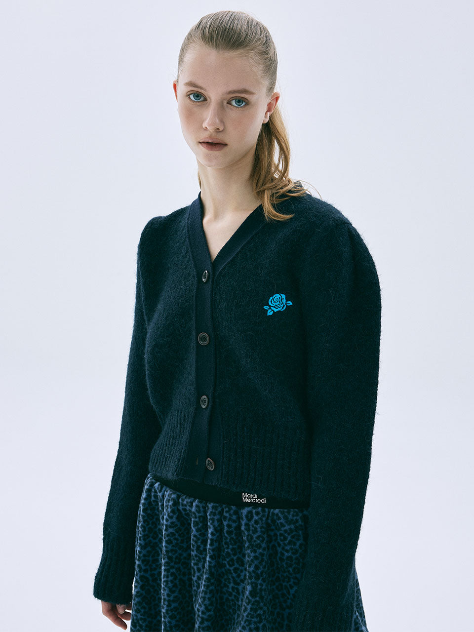 Mardi Mercredi - Cashmere Blended Cardigan Puff Sleeve (Navy Blue) product image 1 | TRAB K-Fashion Australia