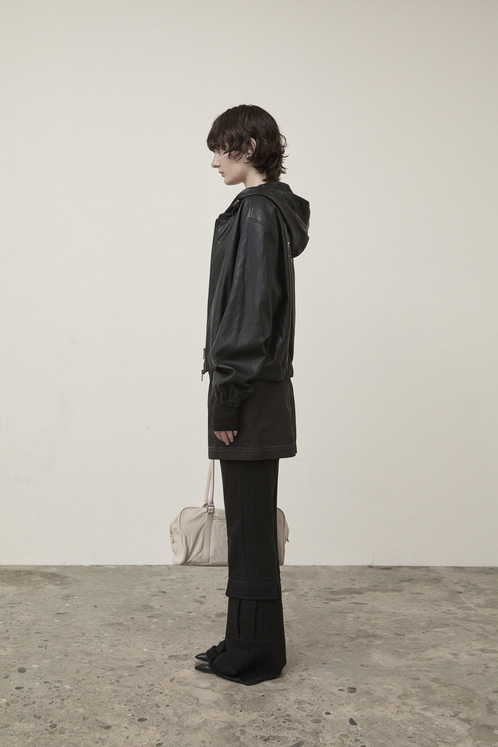 Matin Kim - Faux Leather Hoody Crop Jumper (Black) product image 7 | TRAB K-Fashion Australia