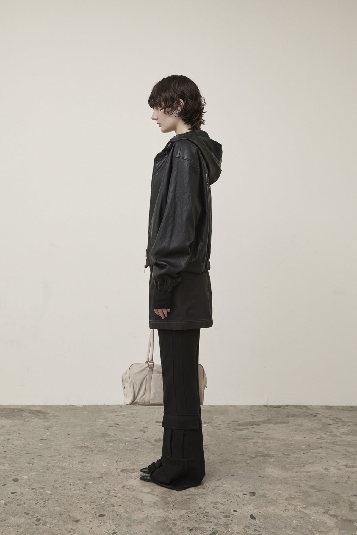 Matin Kim - Faux Leather Hoody Crop Jumper (Black) product image 7 | TRAB K-Fashion Australia