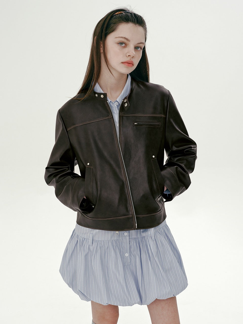 Margarin Fingers - Rivet Washed Fake Leather Jacket (Brown) product image 1 | TRAB K-Fashion Australia