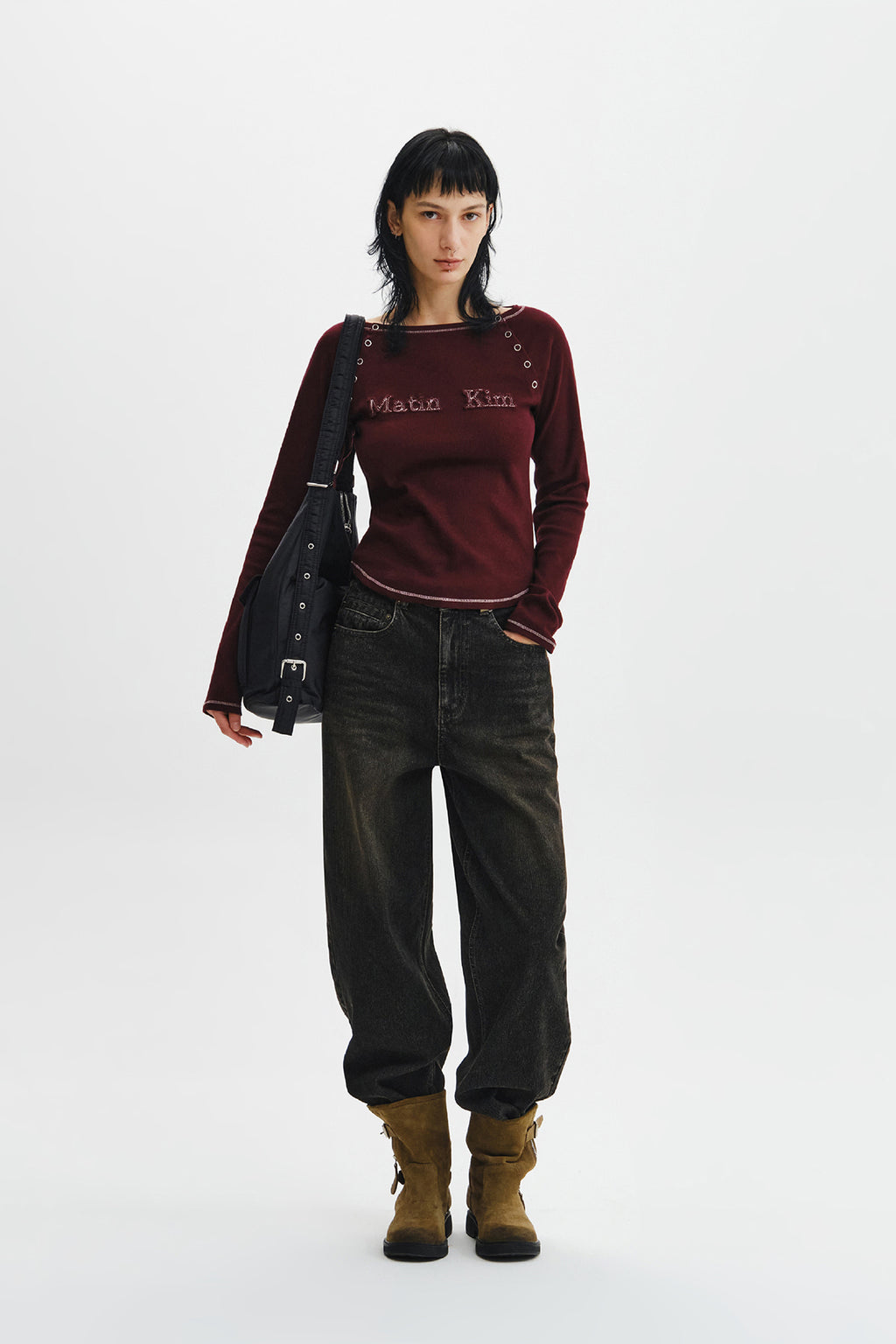 Matin Kim - Logo Applique Button Detail Raglan Top (Wine) product image 10 | TRAB K-Fashion Australia