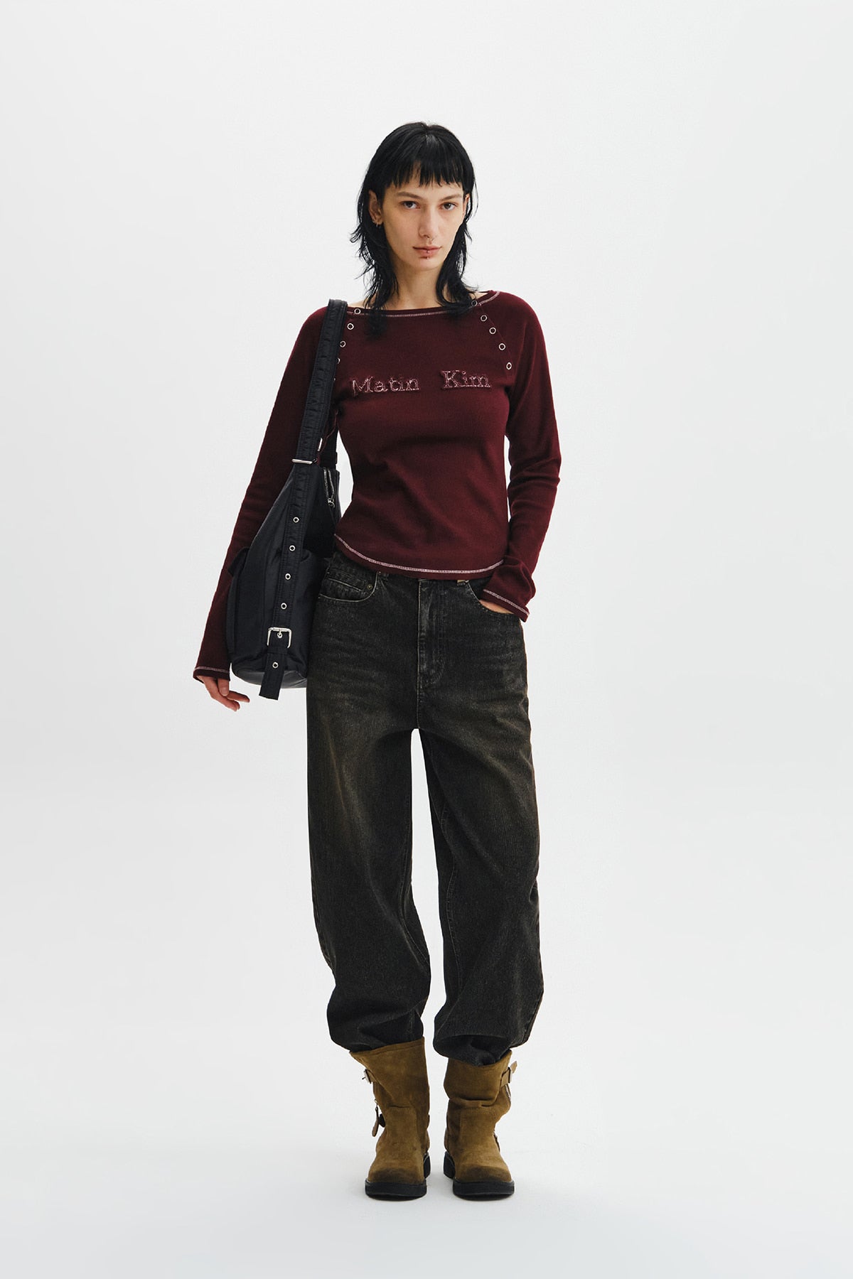 Matin Kim - Logo Applique Button Detail Raglan Top (Wine) product image 10 | TRAB K-Fashion Australia
