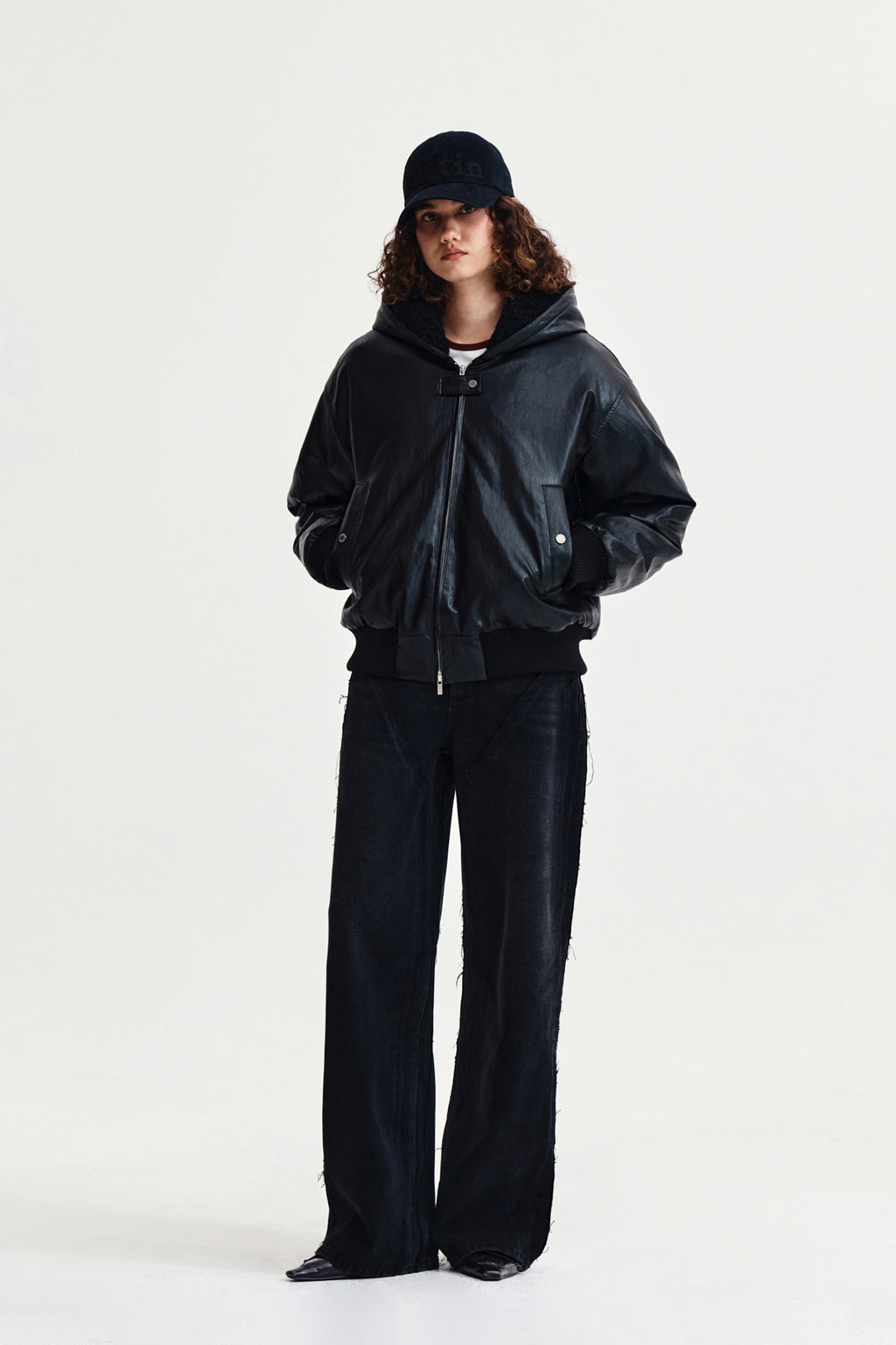 Matin Kim - Faux Leather Zip Up Hoody (Black) product image 9 | TRAB K-Fashion Australia