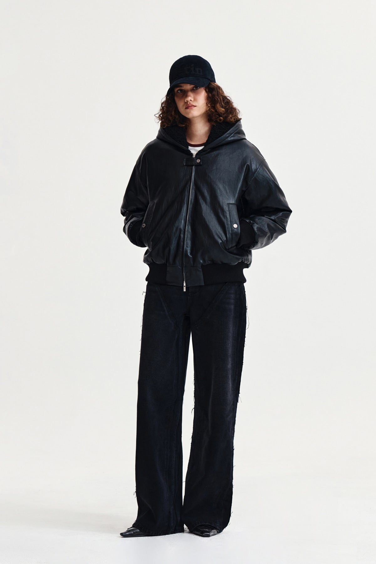 Matin Kim - Faux Leather Zip Up Hoody (Black) product image 9 | TRAB K-Fashion Australia