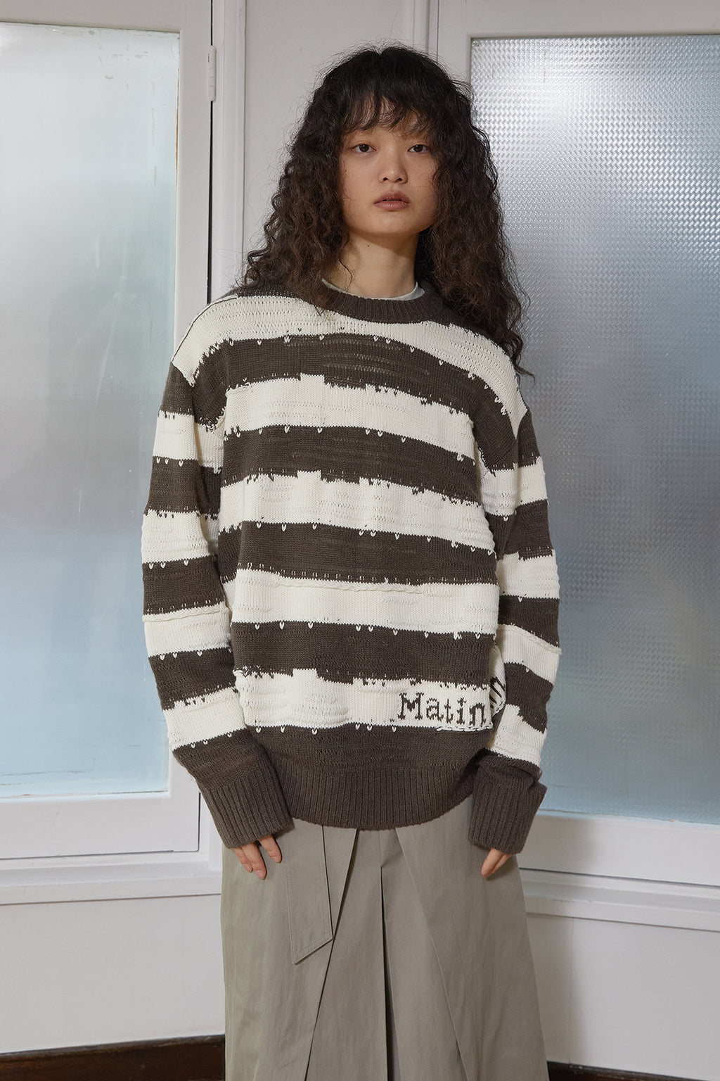 Matin Kim - Stripe Vintage Loose Pullover (Khaki Brown) product image 12 | TRAB K-Fashion Australia