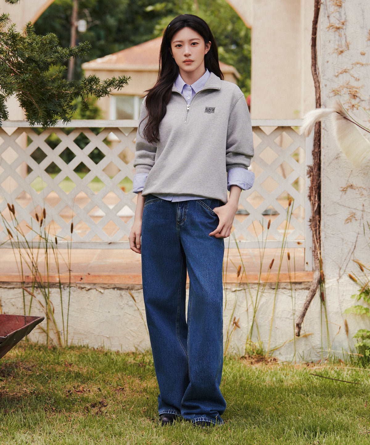 Marithe & Francois Girbaud - Small Classic Logo Half Zipup Sweatshirt (Heather Gray) product image 2 | TRAB K-Fashion Australia