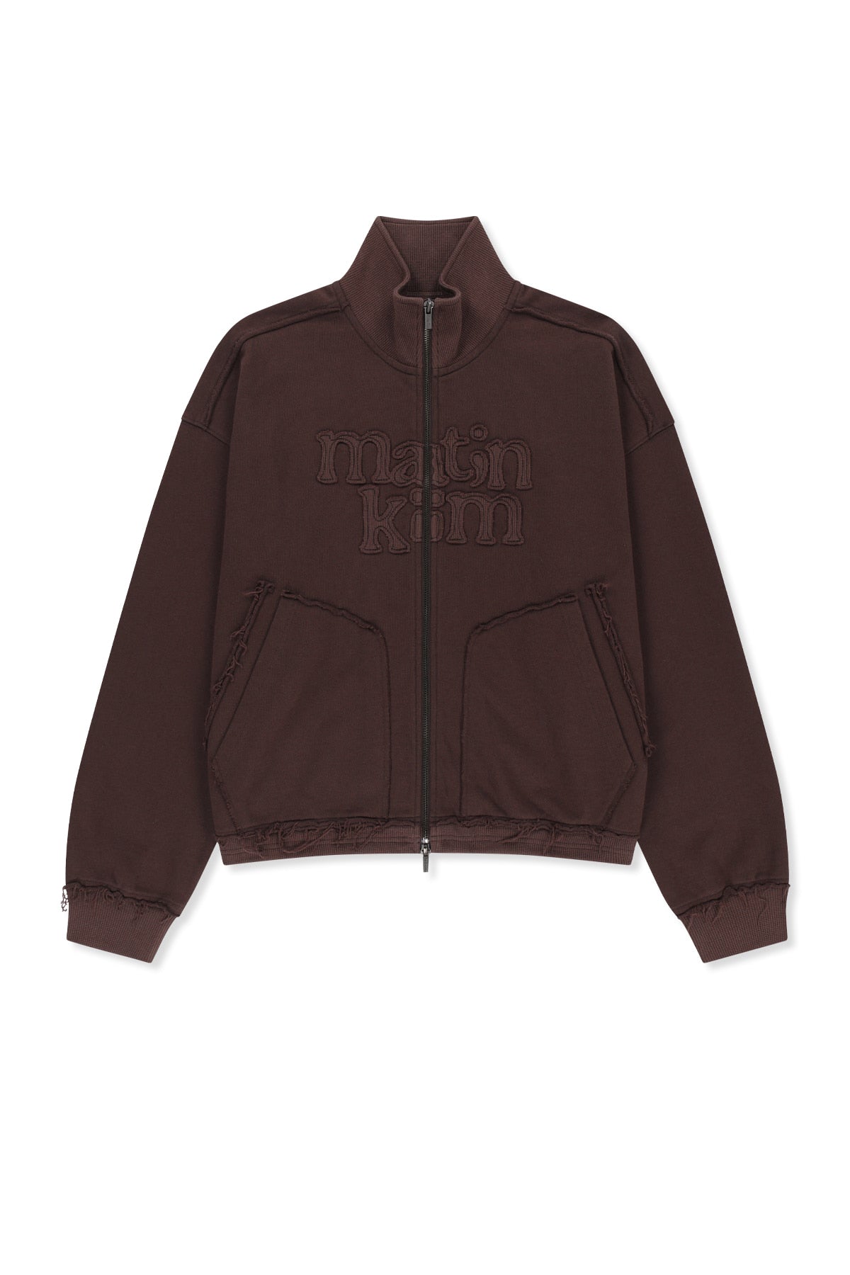 Matin Kim - [Pre-Order – Ships August 24] Mixed Waffle Applique Logo Zip Up (Brown) product image 1 | TRAB K-Fashion Australia