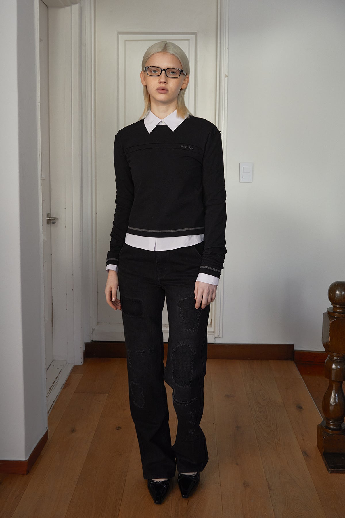 Matin Kim - Cut Line Detail Long Sleeve Logo Top (Black) product image 12 | TRAB K-Fashion Australia