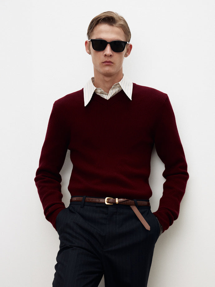 Tonywack - Super Fine Wool Ribbed V-Neck Sweater (Maroon) product image 7 | TRAB K-Fashion Australia