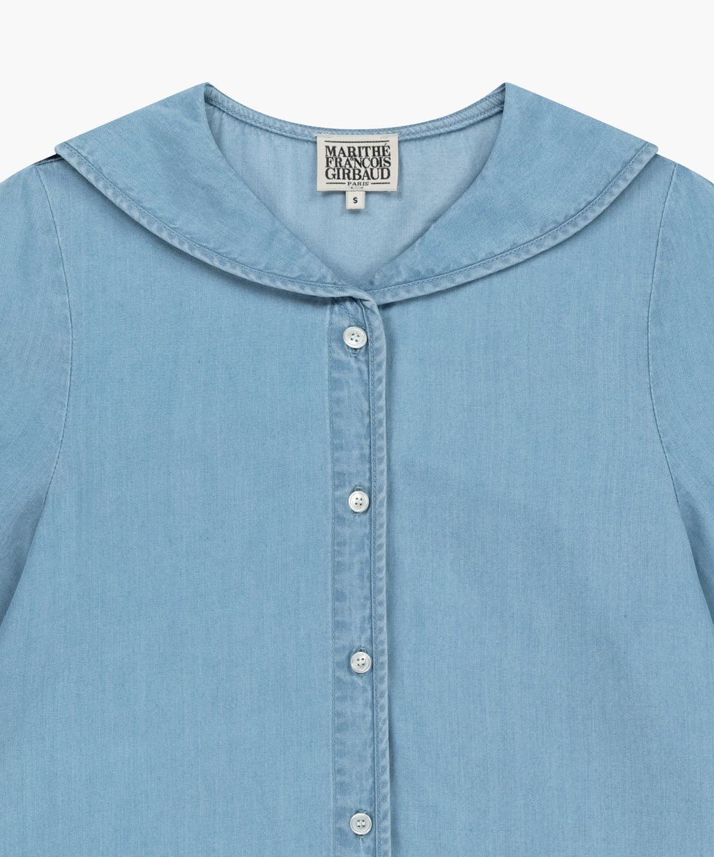 Marithe & Francois Girbaud - Sailor Collar Short Sleeve Chambray Shirt (Light Blue) product image 8 | TRAB K-Fashion Australia