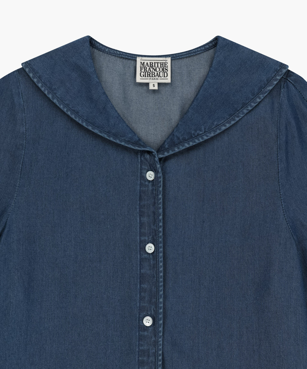 Marithe & Francois Girbaud - Sailor Collar Short Sleeve Chambray Shirt (Dark Blue) product image 8 | TRAB K-Fashion Australia