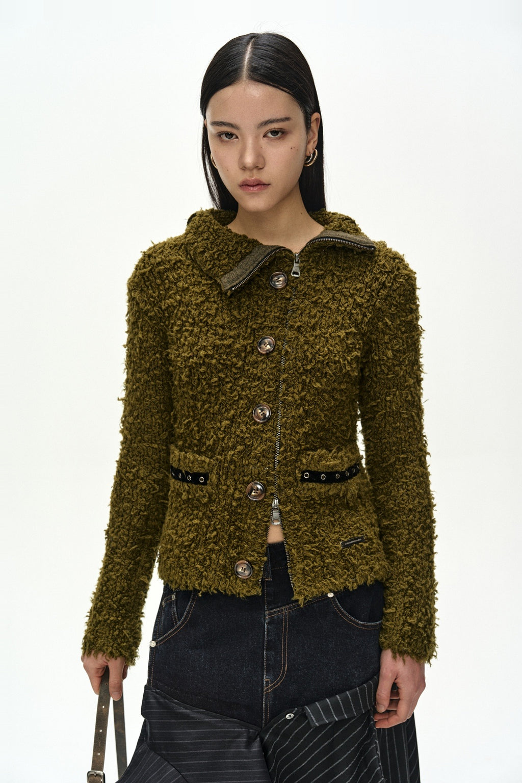 Andersson Bell - Button & Trim Hairy Zip-Up Cardigan (Khaki) product image 1 | TRAB K-Fashion Australia