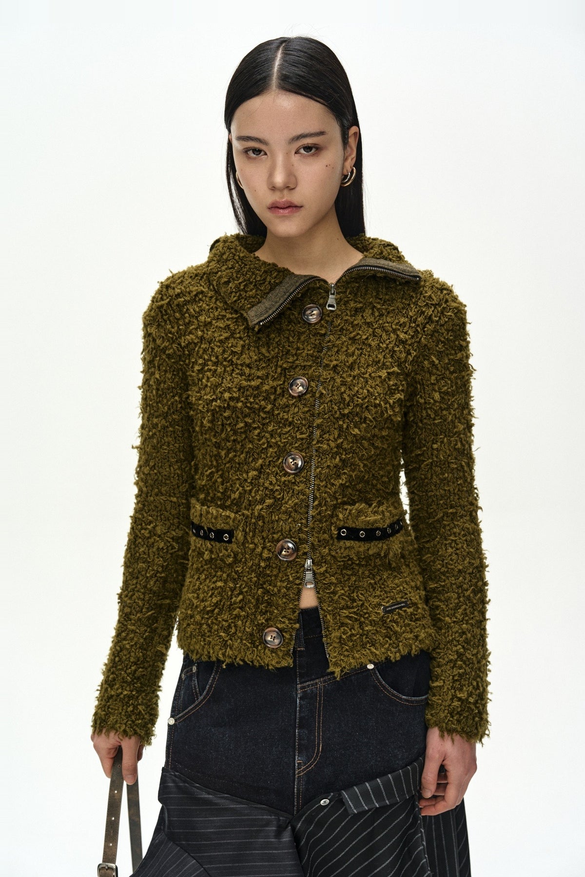 Andersson Bell - Button & Trim Hairy Zip-Up Cardigan (Khaki) product image 1 | TRAB K-Fashion Australia