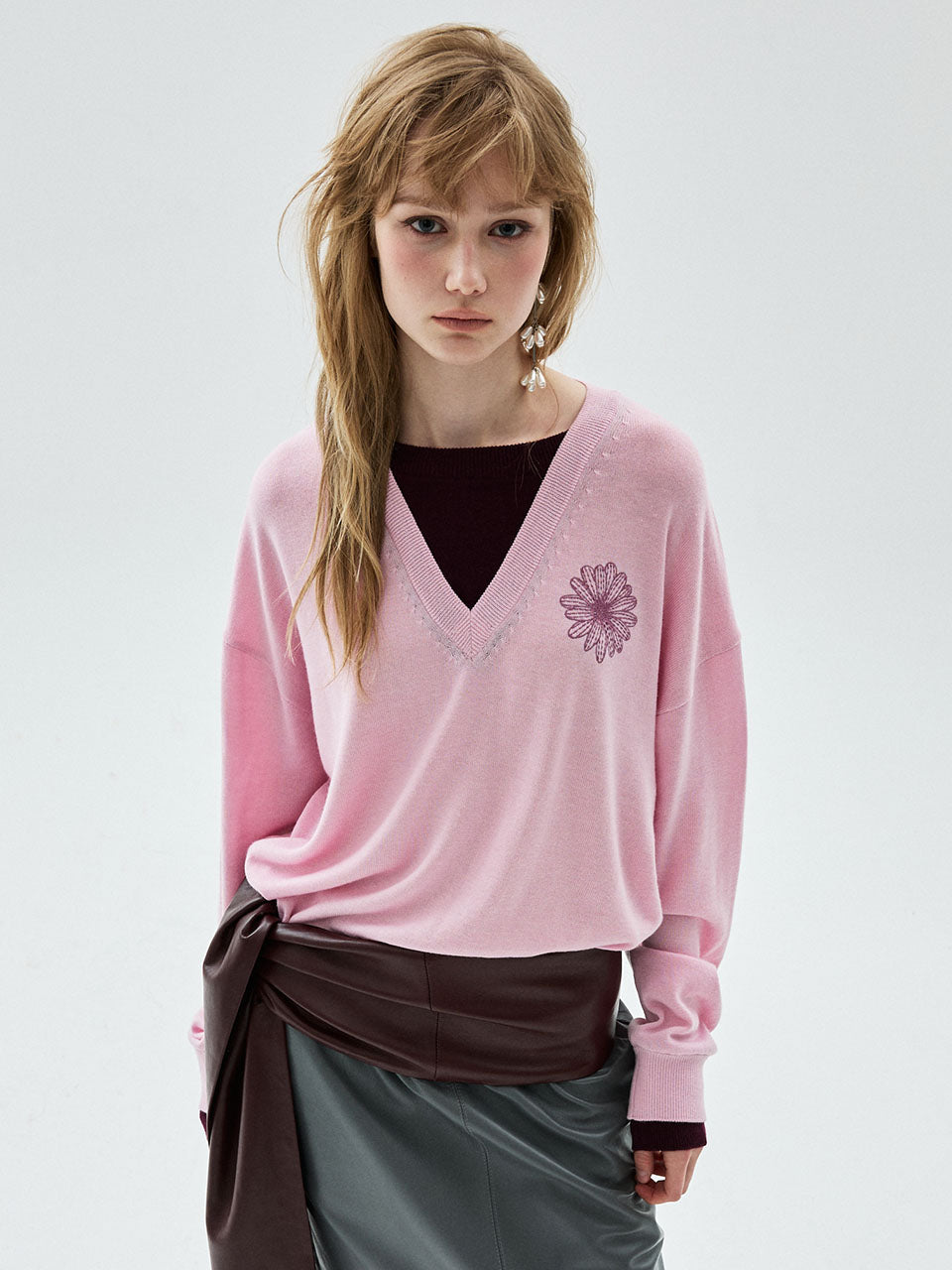 Mardi Mercredi - Wool Blend V Neck Layered Flower (Lightpink Magenta) product image 1 | TRAB K-Fashion Australia
