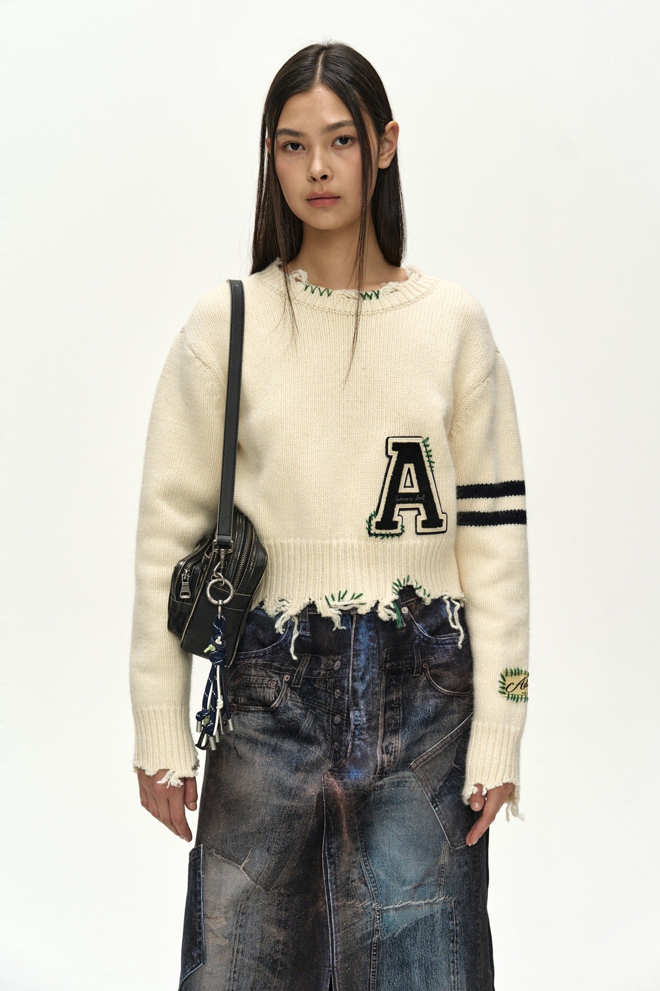 Andersson Bell - (essential) Distressed Varsity Patch Sweater (cream) (Cream) product image 1 | TRAB K-Fashion Australia