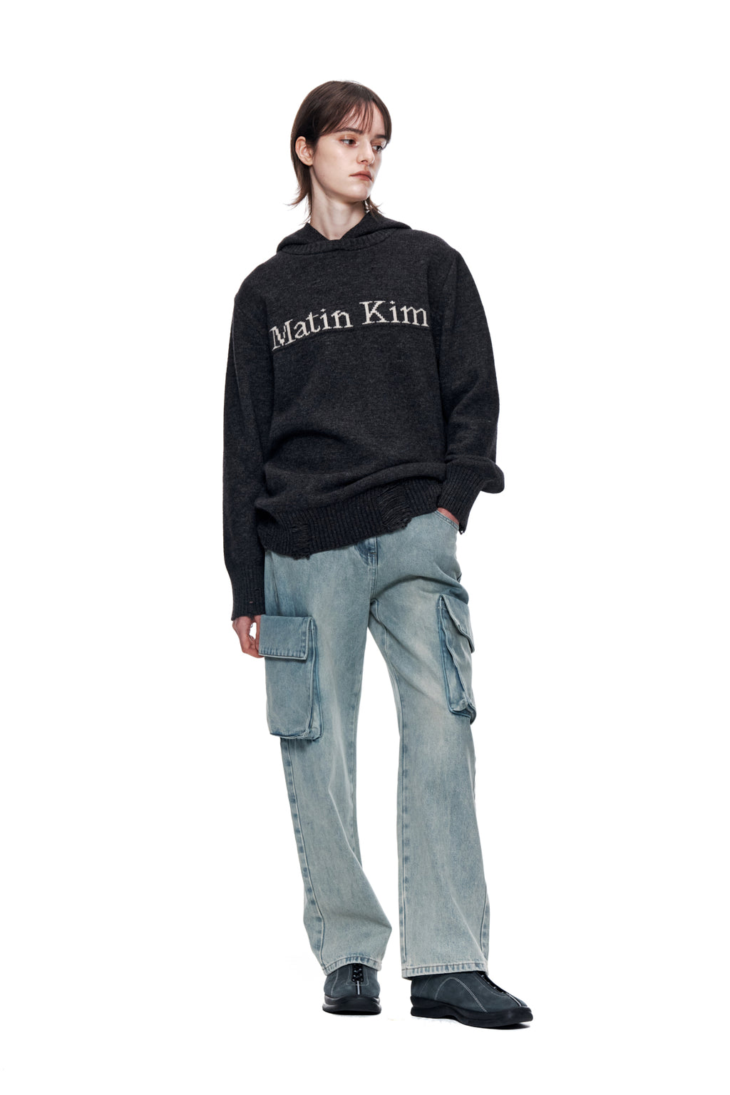 Matin Kim - Damage Logo Knit Hoodie (Charcoal) product image 9 | TRAB K-Fashion Australia